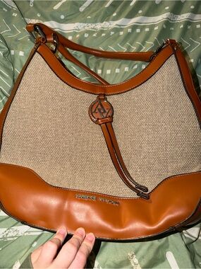 Adrienne Vittadini Tan Leather-Trim Beige Woven Shoulder Bag
